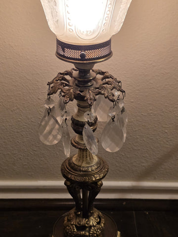 Antique Victorian Converted Table Lamp Etched Glass Shade Prism Drops 24"
