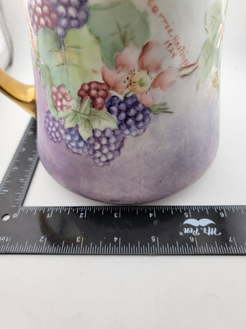 Antique MZ Austria Porcelain Pitcher W Hand Painted  grapes. Monogrammed. 1929