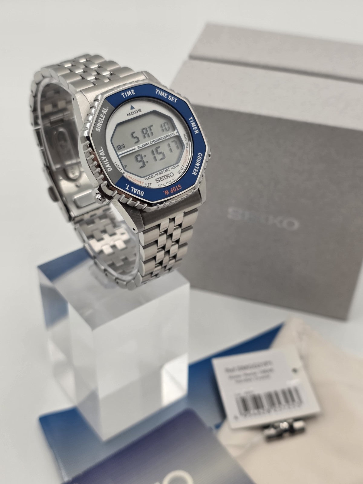 Seiko SMGG21P1 A824 Digital Alarm Chronograph Blue Bezel Watch Box Papers