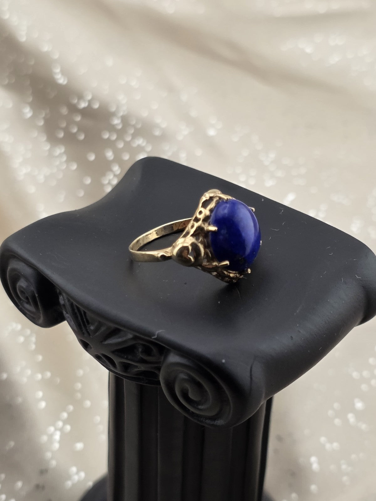 Antique 10K Solid Gold Lapis Lazuli Cabochon Ring Ornate Blue Statement. 6.75.