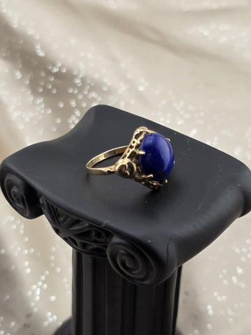 Antique 10K Solid Gold Lapis Lazuli Cabochon Ring Ornate Blue Statement. 6.75.