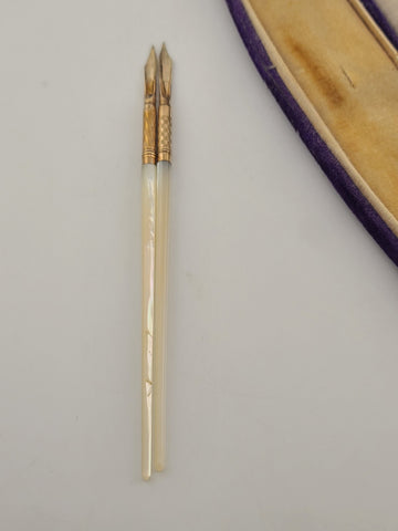 Antique 1890's Victorian Mother of Pearl Dip Pen Set 10K Solid Gold  Nibs W Case
