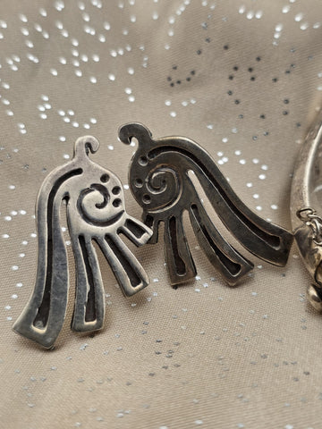 Aztec Style Mexican 925 Sterling Silver Animal Hinged Bracelet & Earrings Set