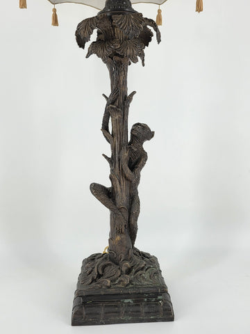 Antique Bronze Table Lamp with Palm Tree & Monkey, Beige Silk & Pleated Shade,