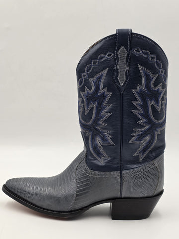 Vtg Dan Post Genuine Lizard Cowboy Boots Mens 9M Blue Denim Gray Exotic Western