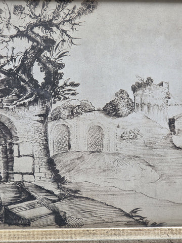 Rare Antique Framed Etching After Guercino "Ravine and Pool" Landscape Print