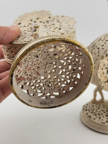 Antique Pair Of White & Gold Tone Metal Glass Hibiscus Filigree Perfume Decanter