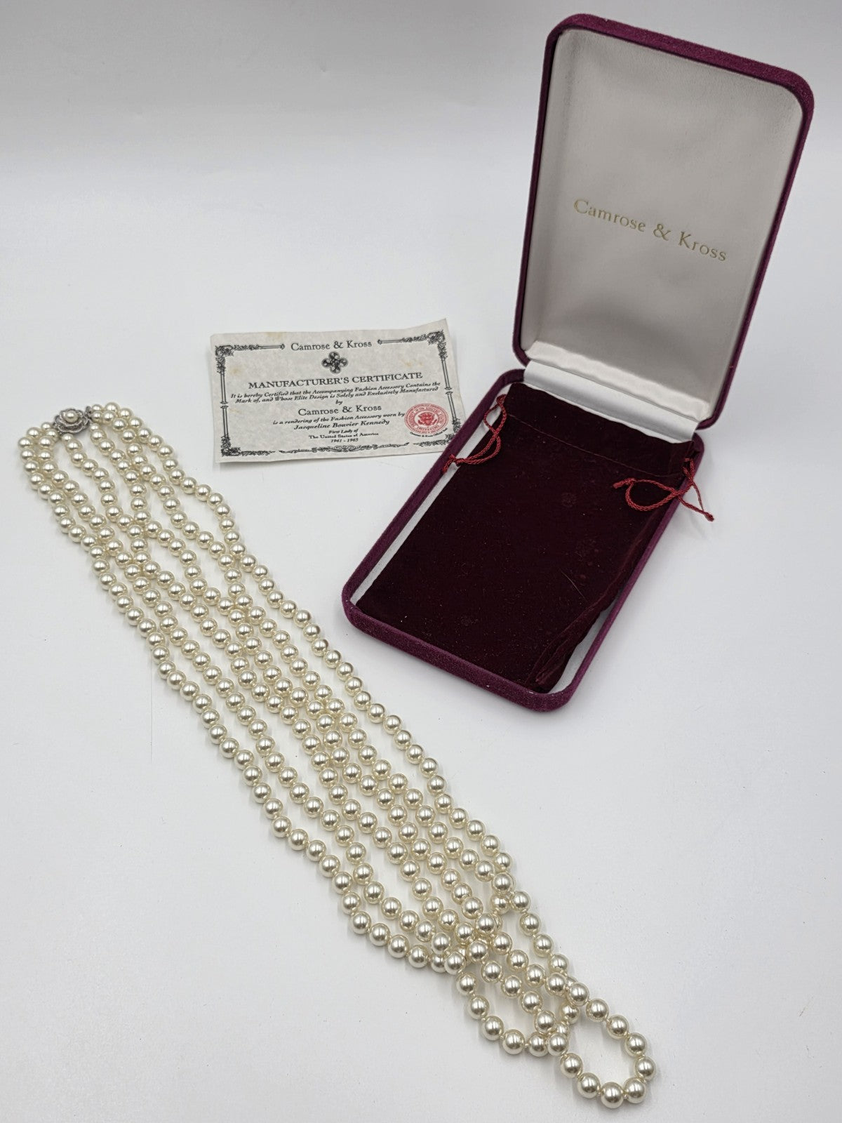 Vtg Long CAMROSE + KROSS JACQUELINE KENNEDY JBK 3 STRAND GLASS PEARL NECKLACE