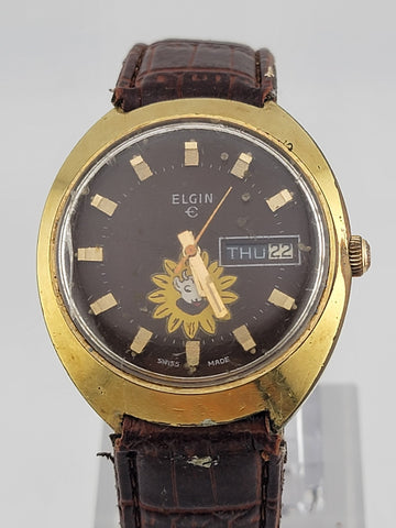 1970s ELGIN Gold Tone Automatic Watch Day Date 17 Jewels 352 Caliber SWISS Works