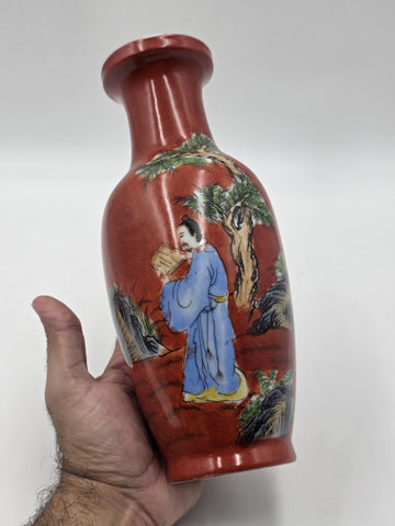 Antique Chinese Republic Famille Rose Coral Red Scholar Vase Qianlong Mark 10"