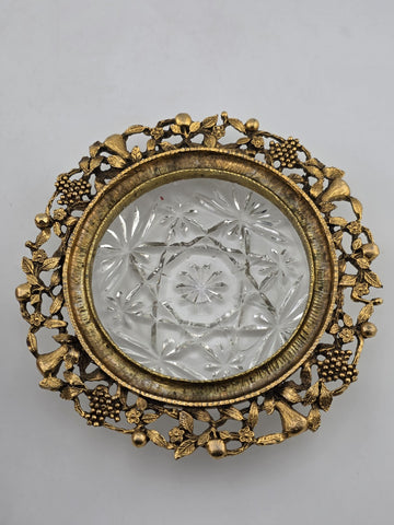 Antique Victorian Ormolu Cut Crystal Covered Vanity Dish W Floral Lid, C 1890.