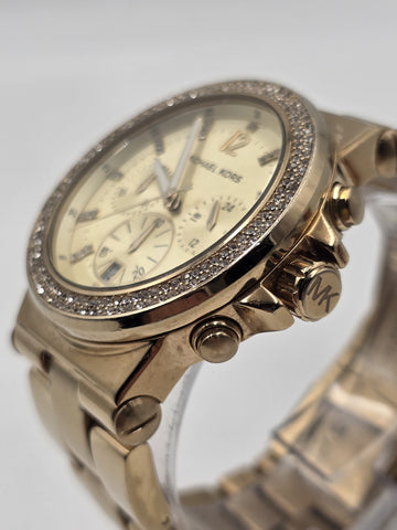 Michael Kors MK5386 Gold Tone Crystal Bezel Chronograph Watch 43mm Date