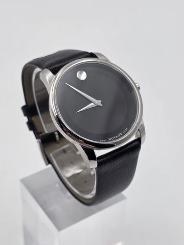 Movado Museum Classic 40mm Swiss Quartz Black Dial Sapphire Crystal Watch. Works