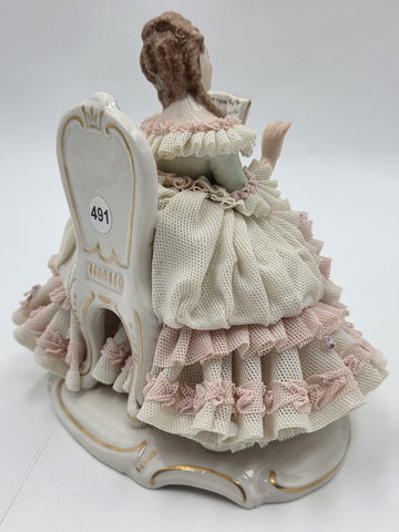 Vintage M.Z. Ireland Dresden Lace Porcelain Figurine Lady Reading Book Seated