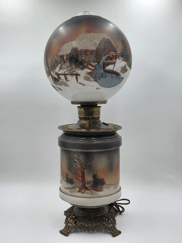 Antique Victorian 1890 Gone With The Wind Lamp Log Cabin Winter Snowy Scenery