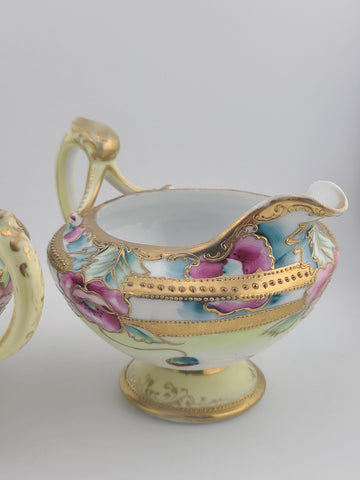 1920's Antique Nippon Hand Painted Sugar & Creamer Set Raised Gold Art Nouveau