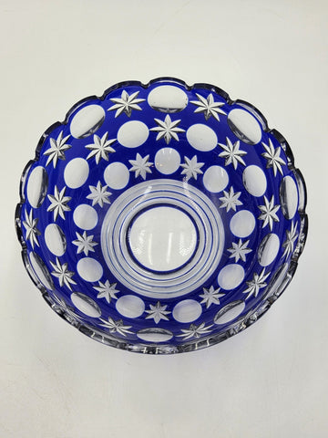 Rare Vintage Bohemian Hand Cut Crystal Glass Blue to Clear bowl SIGNED 8.75”