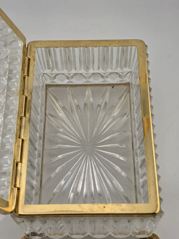 French Baccarat Style Jewelry Casket Footed Box Heavy Crystal Glass Hinged Lid