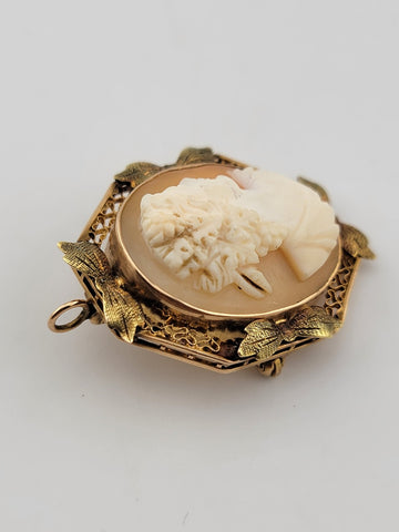 Antique Art Deco 10K Gold Portrait carved shell pendant brooch 1&1/4 inch.