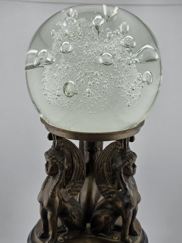 Antique Empire Revival Bronze Sphinx Jardiniere Stand on Marble Base W Glass Orb