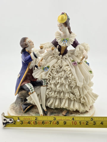 Vintage Sitzendorf Germany Lace Porcelain Courtship Scene Figurine Crown Mark.