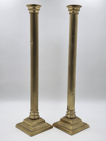 Pair Antique Monumental Brass Fluted Column Candlestick Neoclassical Regency 22”