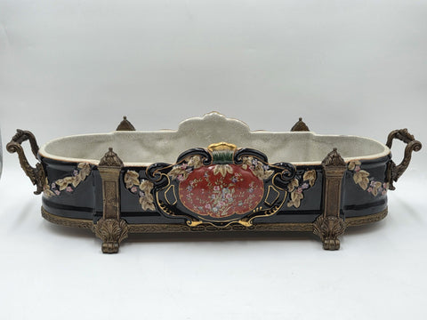 ANTIQUE XL CASTILIAN PORCELAIN BRONZE BOWL CENTERPIECE CLAWFOOT FLORAL VICTORIAN
