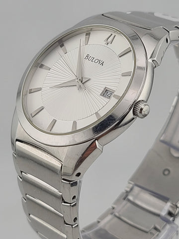 Bulova Mens Watch 96B015 Quartz Silver Dial Date Stainless Steel 38mm. New Batt.