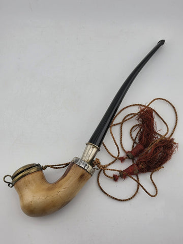 Rare Antique 19th C Meerschaum & Silver Tone Smoking Pipe W Long Stem.