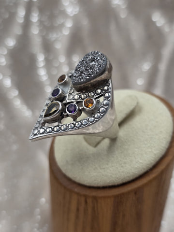 Nicky Butler Sterling Silver Ring Druzy Quartz Gemstones Signed NB India Size 10