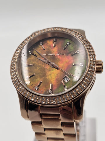 Michael Kors MK5494 Rose Gold Watch Mother of Pearl Dial Crystal Bezel 42mm Runs