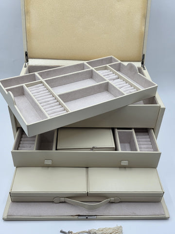 Vintage XL Pottery Barn 4 Level Jewelry Box Organizer Cream Case W Mirror & Key.