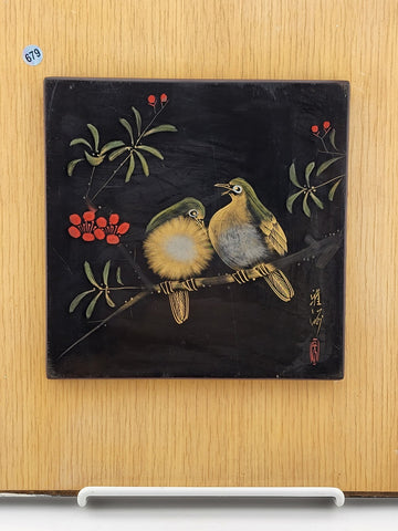 Japanese Wajimaya Lacquerware Asian Art Plaque Birds On Branch Painted Tile Vtg