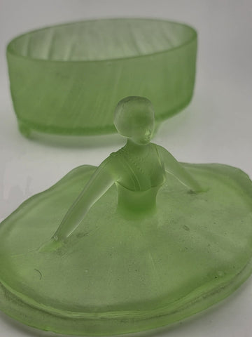 Antique Victorian Lady Uranium Vaseline Glass Trinket Powder Jar Box With Lid