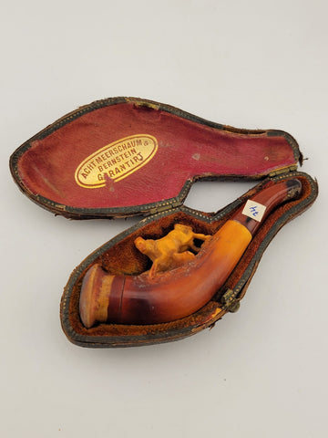 Antique 19th C ECHT German Meerschaum & Amber Pipe Horse Theme W Original Case.