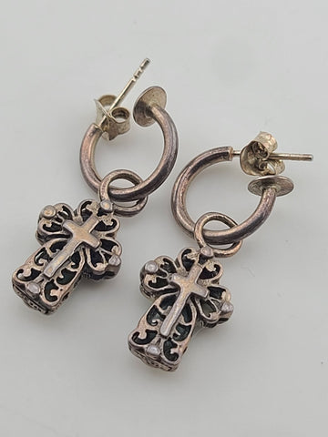 Rare OOAK Sterling Silver Southwestern Inlay Cross Dangle Hoop Earrings 925