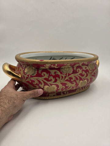 Antique XL Chinese handpainted Red porcelain 24kt gold Oval Footbath, Jardiniere