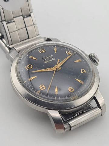 Vintage 1950 Zodiac Hermetic Swiss Black Dial Gilt Numerals Manual Watch. Works