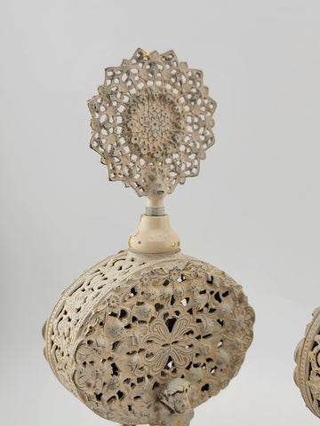 Antique Pair Of White & Gold Tone Metal Glass Hibiscus Filigree Perfume Decanter