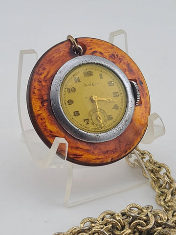 Antique Walker Swiss 43mm Pendant Watch Tortoiseshell Bakelite Necklace 7j. Runs