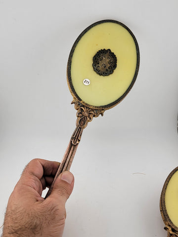ANTIQUE 19th C Victorian 2-PIECE HANDHELD BRASS MIRROR & BRUSH SET Yellow Enamel