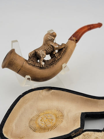 Antique 1920's French Dog Meerschaum & Amber Cigarette Holder W Original Case.