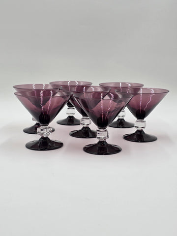 ANTIQUE SET OF 7 MID CENTURY BRYCE WILMINGTON AMETHYST 5 1/2" CHAMPAGNE GLASSES.