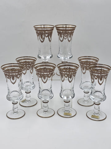 Set Of 8 Neiman Marcus Arte Italica Medici 24K Gold Glasses Goblets. 8 In Tall.