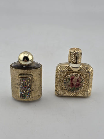 Rare Antique 1950's Mini Perfume Bottles Floral Needlepoint & Gold Tone MCM Lot