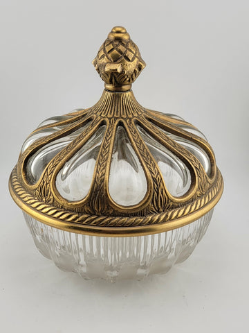Antique Hand Blown Bubble Glass & Brass Lidded Bowl Container. Read Description.