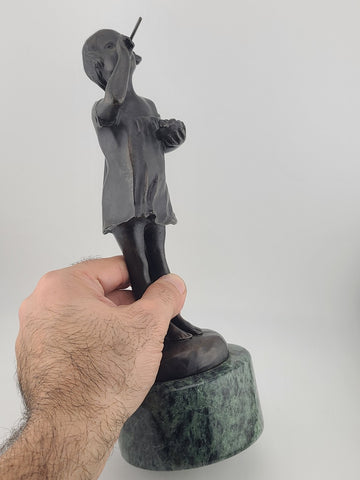 Vintage Bronze Sculpture by Suzanne Crizaro “Girl Blowing Bubbles” Marble Stand
