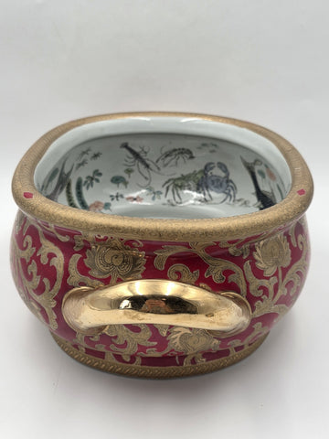 Antique XL Chinese handpainted Red porcelain 24kt gold Oval Footbath, Jardiniere