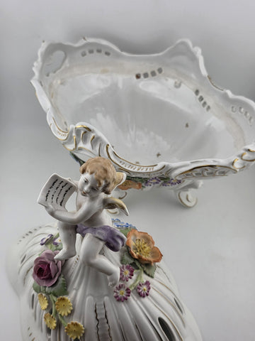Antique Von Schierholz German Oval Reticulated Footed Bowl Lid & Figured Cherub