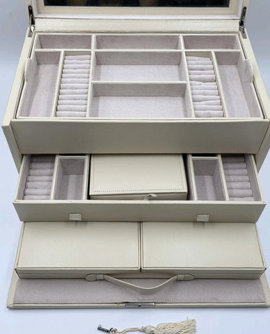 Vintage XL Pottery Barn 4 Level Jewelry Box Organizer Cream Case W Mirror & Key.